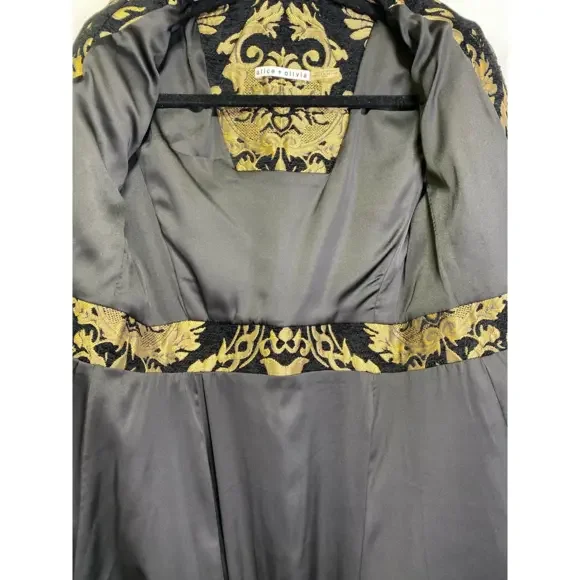 Alice‎ + Olivia Black Gold Brocade Jacquard Collarless Long Jacket Coat XS - Picture 7 of 9